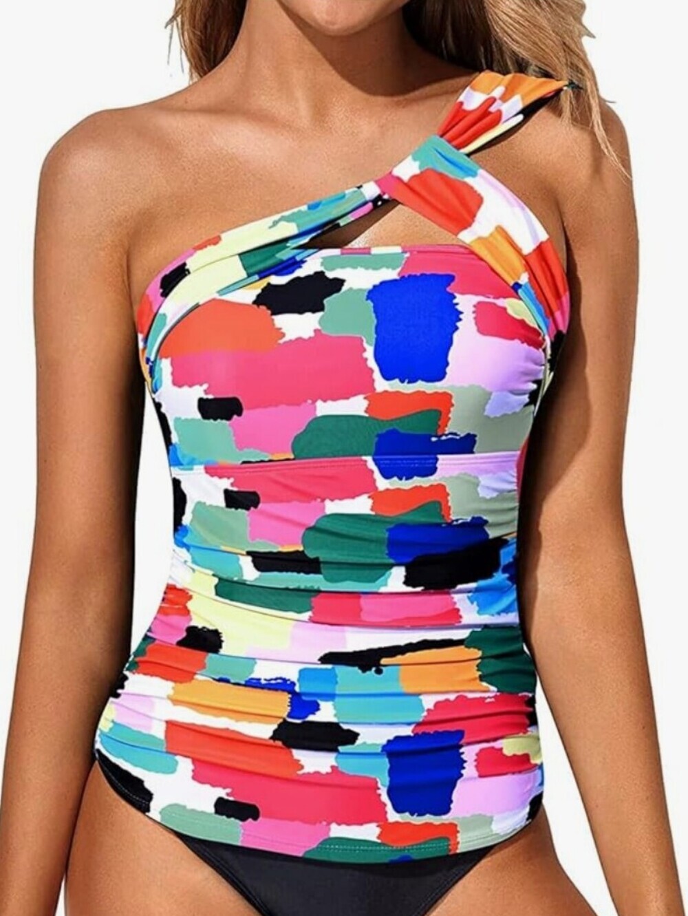 NWT Tempt Me One-Shoulder Multicolor Brushstroke Swim Tankini Top sz S